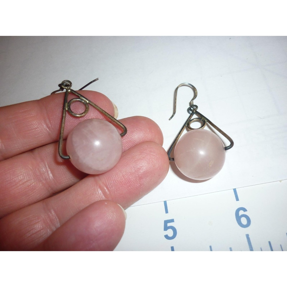 Vintage Rose Quartz Sphere Drop Earrings‎ Pink Stone Geometric Boho Silver Tone - Picture 4 of 4